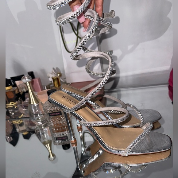 SILVER MIRROR FAUX SNAKE PRINT DIAMANTE SPIRAL STILETTO HEELS -worn once - Picture 5 of 8